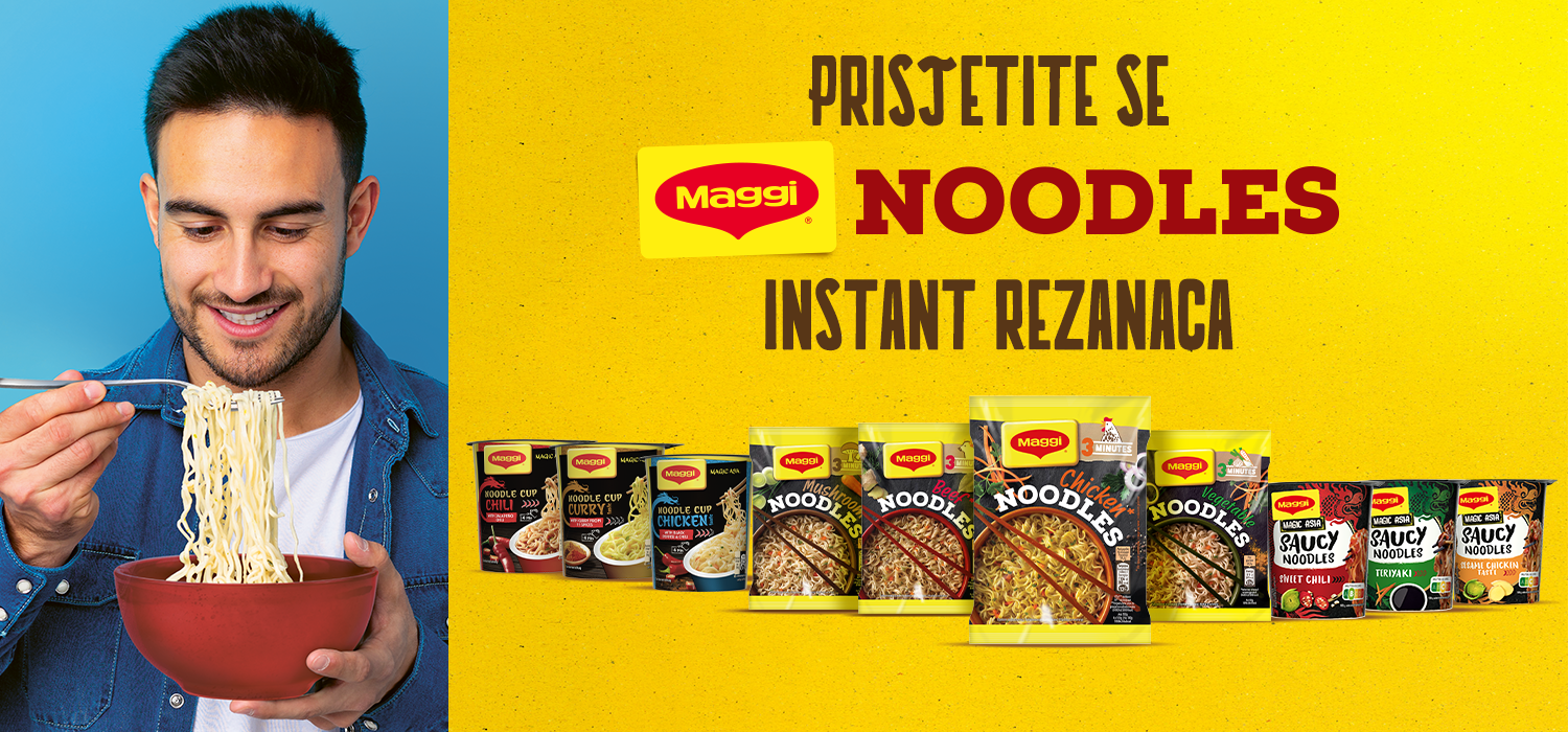 Muškarac jede Maggi Noodles instant rezance pored natpisa "Prisjetite se MAGGI Noodles instant rezanaca!" i proizvoda